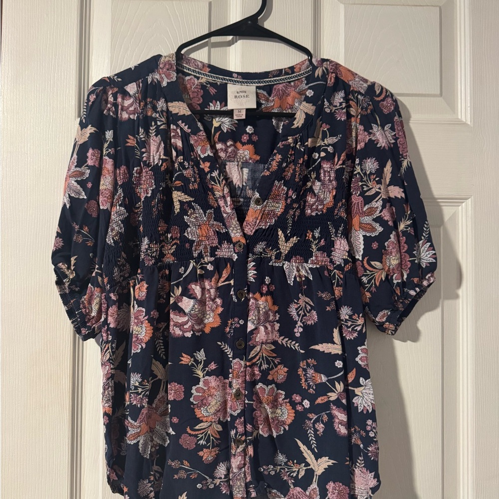 Knox Rose Navy and Pink Floral Blouse